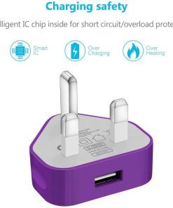 USB Compact Universal UK Mains Charger 1000 mAh CE Approved Adapter Cable Compatible with Mobile Phones iPhone 5 6 7 8 X iPod/Samsung Galaxy S2 3.4 S5 S6 S7 S8 S9/Smart phones /Media devices (Purple)