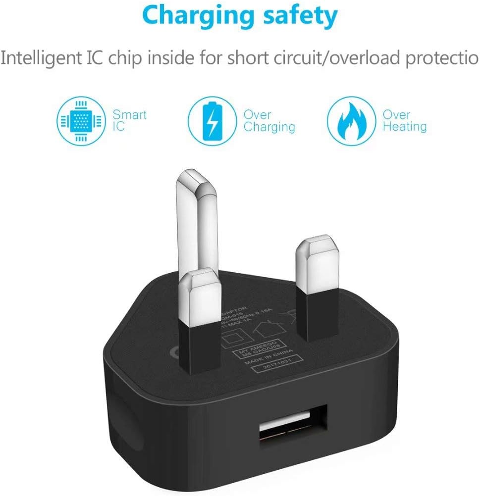 51jNdlEe8jL._AC_SL1080_ ameego USB Compact Universal UK Mains Charger 1000 mAh CE Approved Adapter Compatible with Mobile Phones iPhone 5 6 7 8 X iPod/Samsung Galaxy S2 3.4 S5 S6 S7 S8 S9/Smart phones/Media devices (Black)