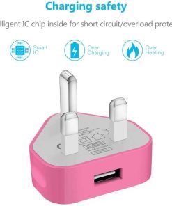 USB Compact Universal UK Mains Charger 1000 mAh CE Approved Adapter Cable Compatible with Mobile Phones iPhone 5 6 7 8 X iPod/Samsung Galaxy S2 S5 S6 S7 S8 S9/Smart phones /Media devices (Baby Pink)