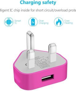 3 Pin Plug USB Mains Charger Adapter, 1AMP 1000mAh Fast Speed Universal Travel USB Wall Charger for iPhone,iPad, iPod and Samsung Galaxy Tab, HTC, Tablet & USB Socket Devices (HOT Pink)