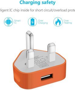 UK 3 Pin Plug USB Mains Charger Adapter, 1AMP 1000mAh Fast Speed Universal Travel USB Wall Charger USB Socket Devices (Orange)